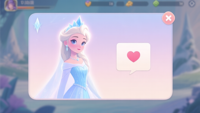 自动生成图片: A soft, pastel-colored game UI screen showing a stylized, elegant Ice Princess character with a subtle glow, next to an in-game notification pop-up with a heart icon, in a gentle fantasy setting high quality illustration, detailed, 16:9