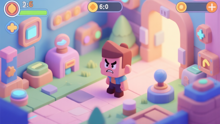 自动生成图片: A frustrated game character looking around a vibrant, detailed game environment with many interactive objects, soft lighting, isometric view, pastel color palette high quality illustration, detailed, 16:9
