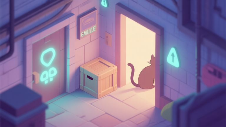 自动生成图片: A cozy, isometric view of a hidden game alley with subtle glowing clues, a cat's tail barely visible behind a crate, soft pastel color palette, digital painting style high quality illustration, detailed, 16:9