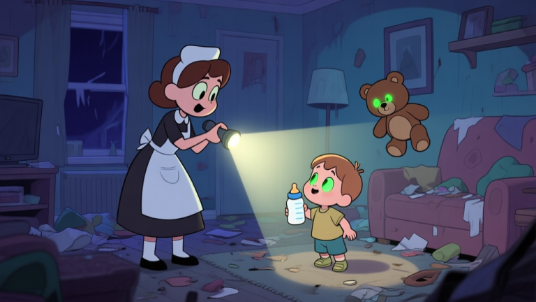 自动生成图片: A chaotic yet playful game scene in a cartoonish horror style, showing a babysitter character holding a flashlight and a baby bottle, facing a toddler with glowing eyes and a floating teddy bear, in a cozy but messy living room at night, soft color palette high quality illustration, detailed, 16:9