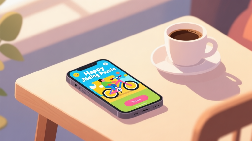A cozy, inviting scene of a smartphone on a table, displaying the colorful and cheerful interface of Happy Bike Riding Jigsaw Puzzle, with a cup of coffee nearby, soft natural lighting, flat illustration style high quality illustration, detailed, 16:9