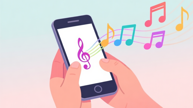 自动生成图片: A calm, inviting illustration of a smartphone held in hands, with colorful musical notes flowing gently from the screen against a soft pastel background, symbolizing a beginner's first step into Music Rush high quality illustration, detailed, 16:9