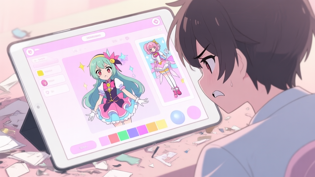 A frustrated player looking at a messy, mismatched magical girl character creation screen on a tablet, soft pastel color palette, anime-inspired style high quality illustration, detailed, 16:9
