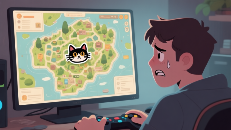 自动生成图片: A frustrated gamer looking at a detailed game map on a monitor, with a small, cleverly camouflaged cat icon hidden among environmental clutter, soft lighting, muted colors high quality illustration, detailed, 16:9