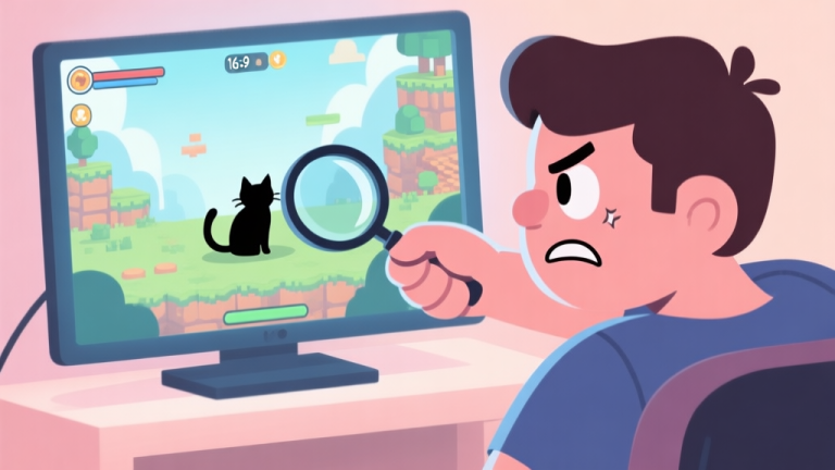 自动生成图片: A frustrated cartoon gamer looking at a screen showing a detailed game world with a tiny, hidden cat silhouette, using a magnifying glass, in a soft pastel color palette high quality illustration, detailed, 16:9
