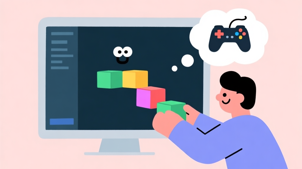 A friendly, minimalist illustration showing a person dragging colorful code blocks on a screen to build a simple 2D game character, with a thought bubble containing a game controller, soft pastel background high quality illustration, detailed, 16:9