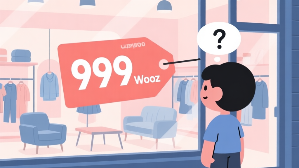 A minimalist illustration of a young avatar looking at a virtual shop window filled with cool furniture and clothes, with a large price tag showing "999 Wooz". The avatar has a thought bubble with a question mark. Soft pastel background. high quality illustration, detailed, 16:9