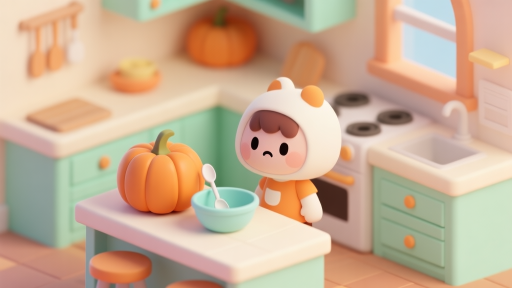A cheerful, isometric-style illustration of a cozy kitchen in a children's game. A cute character stands before a counter with a pumpkin, a mixing bowl, and a spoon, looking slightly puzzled. Soft pastel colors like light orange, mint green, and cream dominate the scene. high quality illustration, detailed, 16:9