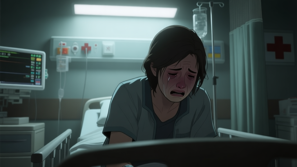 Cinematic video game scene, a dimly lit emergency room, tense atmosphere, focused on a character's emotional distress, soft lighting, muted colors, dramatic composition high quality illustration, detailed, 16:9