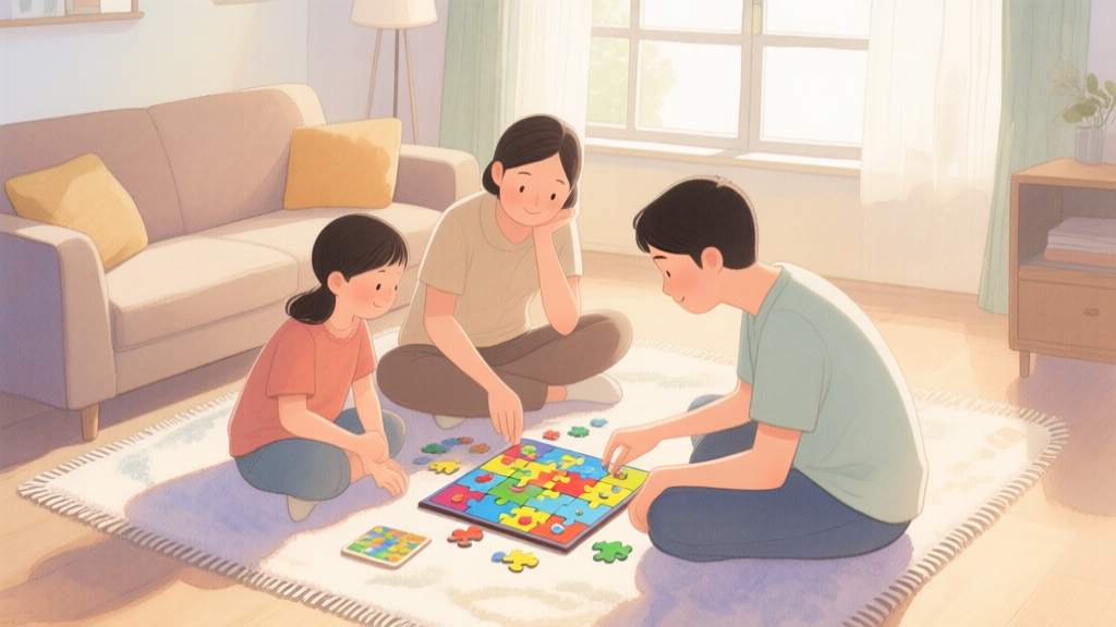 A cozy living room scene with a family of three sitting on a rug, focused on a colorful puzzle board game, soft natural lighting from a window, warm and inviting atmosphere, illustrated in a gentle watercolor style high quality illustration, detailed, 16:9