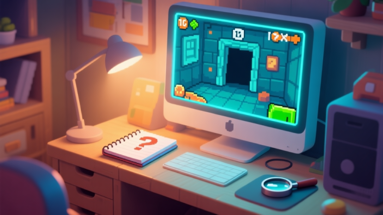 自动生成图片: A cozy, inviting game room scene with a glowing computer monitor showing a hidden secret room in a pixel art game, a notebook with question marks, and a magnifying glass resting on a desk, soft warm lighting, digital art style high quality illustration, detailed, 16:9