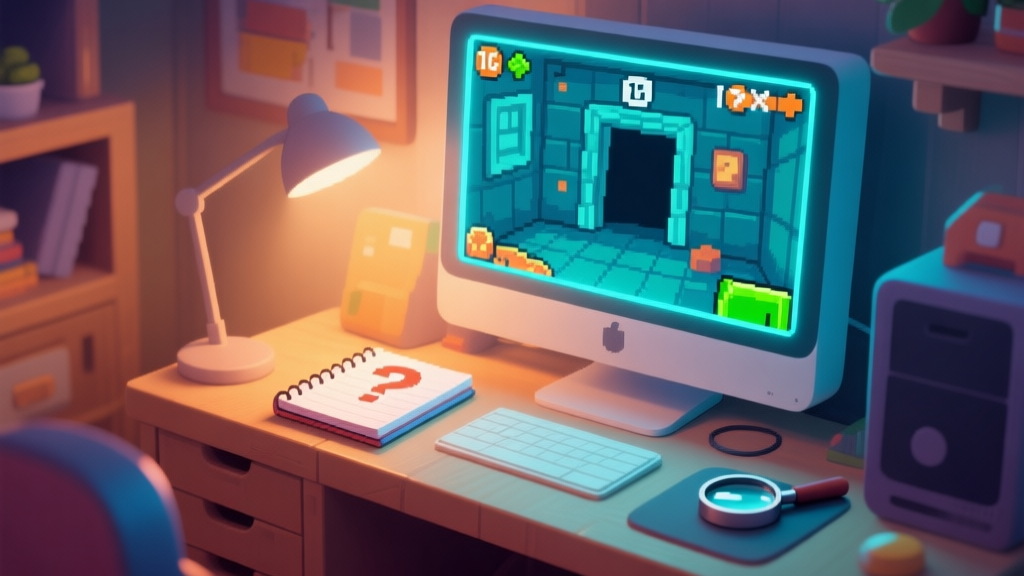 A cozy, inviting game room scene with a glowing computer monitor showing a hidden secret room in a pixel art game, a notebook with question marks, and a magnifying glass resting on a desk, soft warm lighting, digital art style high quality illustration, detailed, 16:9