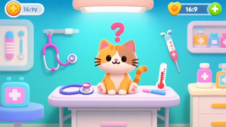 自动生成图片: A bright, friendly mobile game interface showing a virtual veterinary clinic. A cartoon cat with a question mark above its head sits on an examination table, surrounded by various medical tools like a stethoscope and thermometer. The art style is cute, colorful, and inviting. high quality illustration, detailed, 16:9