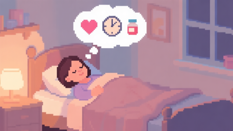 自动生成图片: A cozy, softly lit pixel art scene of a virtual home bedroom. A mother character rests in bed with a comforting blanket, while a thought bubble above her shows icons of a heart, a clock, and a medicine bottle. The color palette is warm and muted with pastel tones. high quality illustration, detailed, 16:9