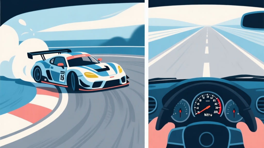 A split-screen illustration showing a race car drifting perfectly on a corner on one side, and a dashboard with a nitro gauge being activated on a straight line on the other, in a soft color palette of blues and greys high quality illustration, detailed, 16:9
