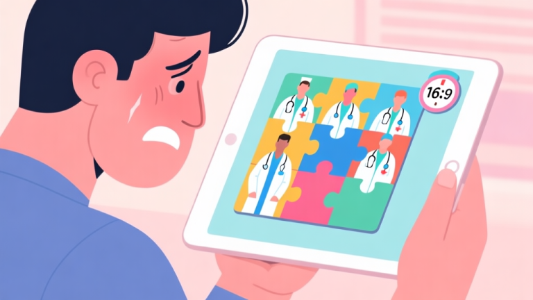 自动生成图片: A frustrated player looking at a tablet screen showing a colorful but incomplete jigsaw puzzle of medical staff, with a timer counting down, in a soft pastel color palette high quality illustration, detailed, 16:9
