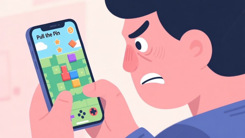 A frustrated mobile gamer looking at a tricky Pull the Pin puzzle level on their phone screen, with soft pastel colors and a clean, illustrative style high quality illustration, detailed, 16:9
