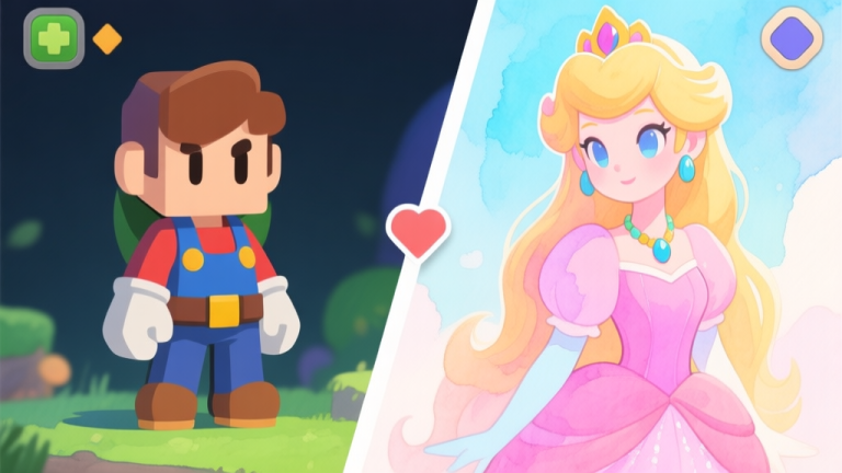 自动生成图片: A split-screen illustration showing a generic game character on the left and a beautifully designed pastel princess character on the right, highlighting the differences in color palette, silhouette, and accessory details, soft watercolor style high quality illustration, detailed, 16:9