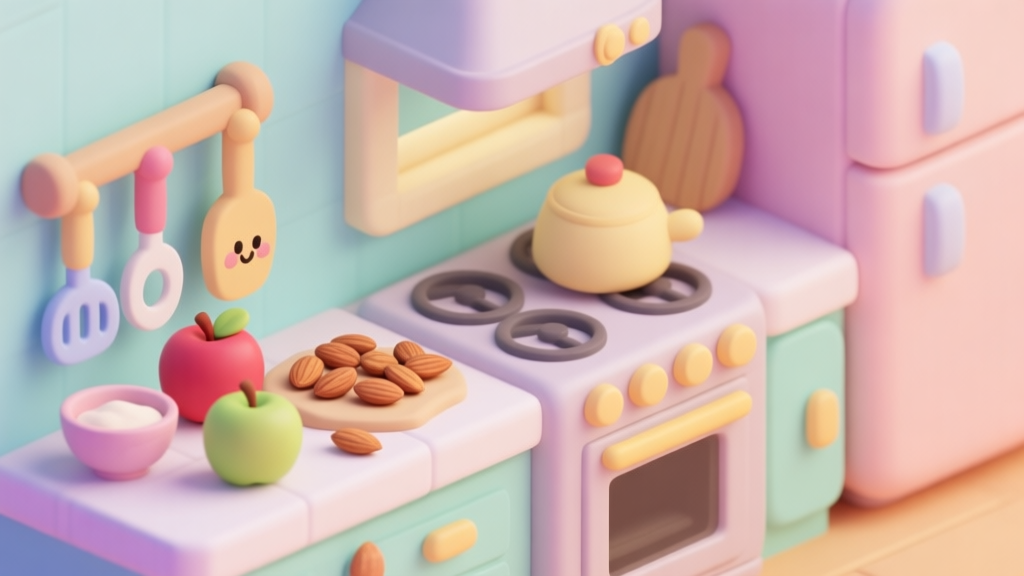 A cheerful, stylized kitchen scene in a children's game, with cute baking tools and ingredients like apples and almonds on a counter, soft pastel colors, isometric view high quality illustration, detailed, 16:9