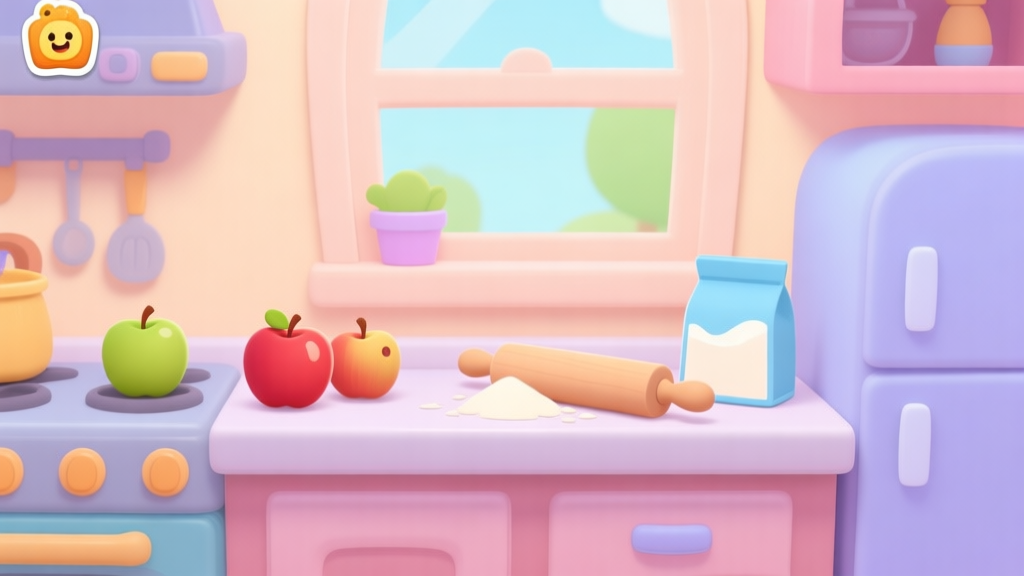 A cheerful, cartoon-style kitchen scene from a children's game, with a countertop showing apples, flour, and a rolling pin, soft pastel color scheme high quality illustration, detailed, 16:9