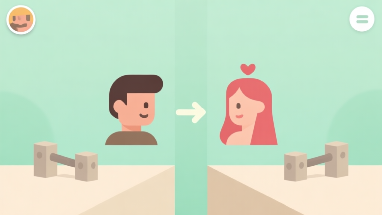 自动生成图片: A minimalist mobile game screenshot showing a simple puzzle with two stylized character icons (Adam and Eve) separated by obstacles, on a clean pastel background with soft green and beige tones high quality illustration, detailed, 16:9