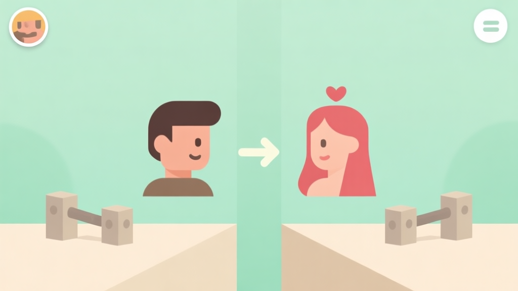 A minimalist mobile game screenshot showing a simple puzzle with two stylized character icons (Adam and Eve) separated by obstacles, on a clean pastel background with soft green and beige tones high quality illustration, detailed, 16:9