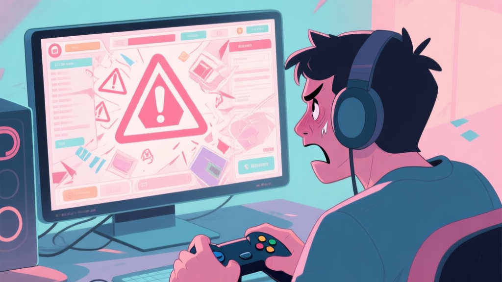 A frustrated gamer looking at a computer screen showing a chaotic game interface with error symbols, soft pastel color palette, digital art style high quality illustration, detailed, 16:9