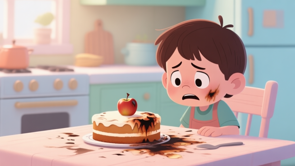 A frustrated child character in a cartoon kitchen looking at a messy, burnt apple cake on a table, soft pastel colors, gentle lighting high quality illustration, detailed, 16:9