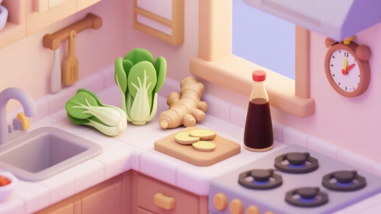 自动生成图片: A cozy, inviting game scene showing a virtual kitchen counter with ingredients for Chinese cooking like bok choy, ginger, and soy sauce, a timer in the corner, soft pastel colors, isometric view high quality illustration, detailed, 16:9