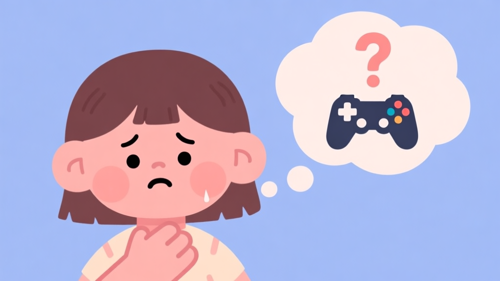 A gentle, stylized illustration of a worried doll character holding her throat, with a thought bubble showing a question mark and a game controller, soft pastel colors, flat design high quality illustration, detailed, 16:9