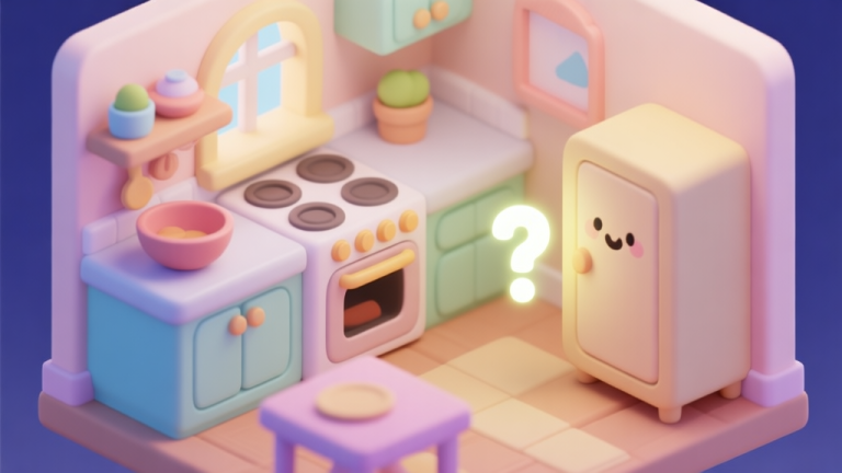 自动生成图片: A cute, isometric view of a bright and cozy kitchen in a children's game style, with counters, a bowl, and a cartoon oven. A small, glowing question mark hovers near a seemingly ordinary cabinet, soft pastel colors high quality illustration, detailed, 16:9