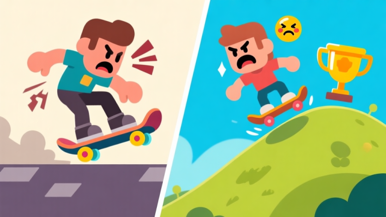 自动生成图片: A side-by-side comparison illustration of a game character failing a hoverboard stunt versus landing perfectly on a hill, with a frustrated emoji and a trophy icon, in a flat cartoon game art style high quality illustration, detailed, 16:9