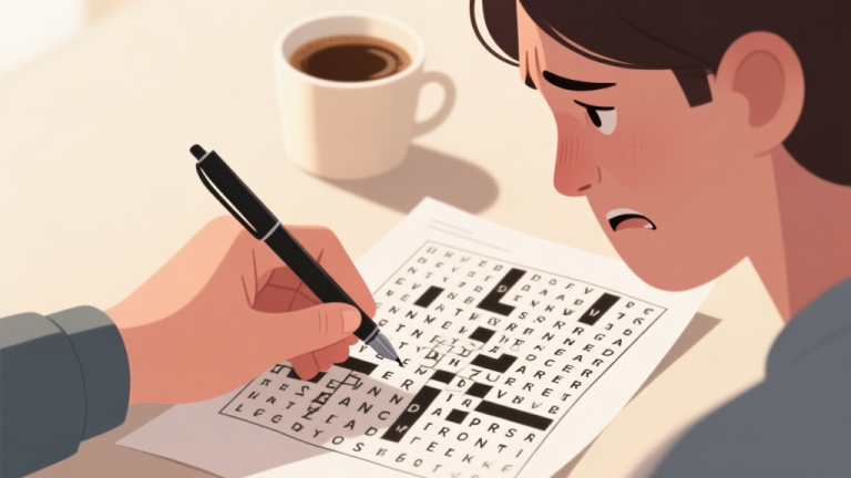 自动生成图片: A person's hand holding a pen over a complex word search puzzle on paper, looking slightly frustrated, with a warm coffee cup in the background, soft natural lighting, minimalist style high quality illustration, detailed, 16:9