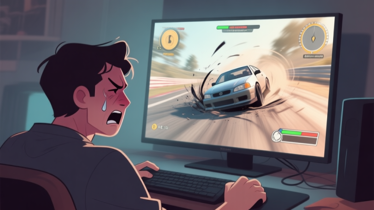 自动生成图片: A frustrated gamer looking at a screen showing a car spinning out in a racing game, soft lighting, muted colors, focused on the emotional struggle high quality illustration, detailed, 16:9