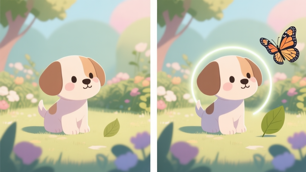 A split-screen illustration showing two nearly identical cute cartoon animal scenes (e.g., a puppy in a garden). One side has subtle, hard-to-spot differences like a missing leaf, a slightly different shadow, and a pattern change on a butterfly wing, highlighted with faint glowing circles. Soft pastel color scheme. high quality illustration, detailed, 16:9
