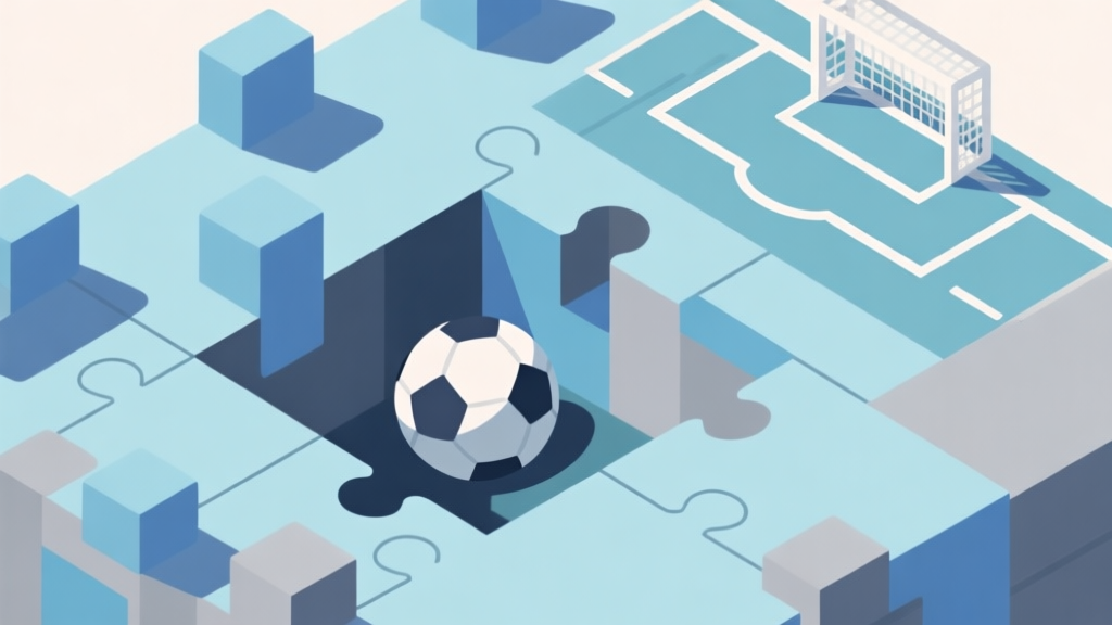 A stylized, top-down view of a puzzle football level with a ball trapped in a corner, surrounded by static blocks and a distant goal, using a soft color palette of blues and greys, flat design style high quality illustration, detailed, 16:9
