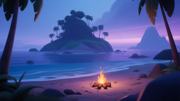 自动生成图片: A serene yet slightly ominous 3D island landscape at dusk, with a small, vulnerable-looking campfire on a beach, soft color palette of blues and purples, viewed from a first-person perspective high quality illustration, detailed, 16:9