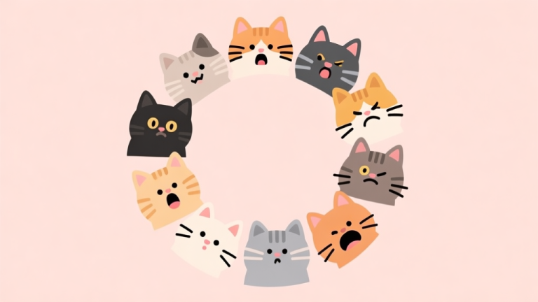 自动生成图片: A collage of popular internet meme cats with different expressions, arranged in a circle on a soft pastel background, minimalist flat illustration style high quality illustration, detailed, 16:9