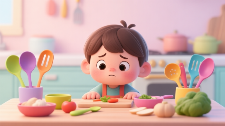 自动生成图片: A cute and slightly confused cartoon child character in a kitchen, looking at multiple colorful kitchen utensils and ingredients on a table, soft pastel background high quality illustration, detailed, 16:9