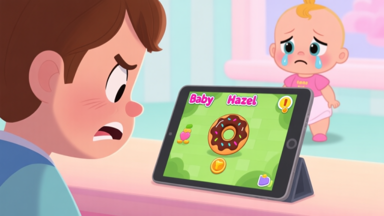 自动生成图片: A frustrated player looking at a tablet screen showing a failed donut mini-game in Baby Hazel, with a sad Baby Hazel character in the background, soft pastel colors, cartoon style high quality illustration, detailed, 16:9