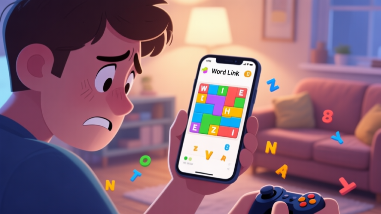 自动生成图片: A frustrated gamer looking at a smartphone screen showing a colorful but unsolved Word Link puzzle, with scattered letters and a low timer, in a cozy home setting, soft lighting high quality illustration, detailed, 16:9