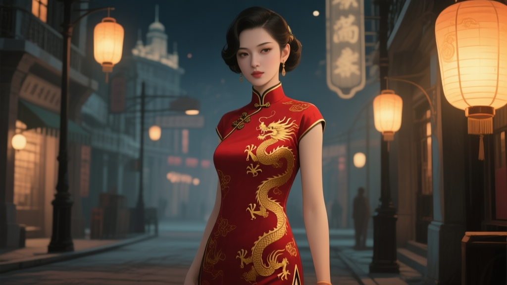 A beautiful, elegant video game character wearing a detailed red cheongsam with golden dragon patterns, standing in a stylized 1920s Shanghai street scene at night, soft glowing lanterns, digital painting style, muted color palette high quality illustration, detailed, 16:9