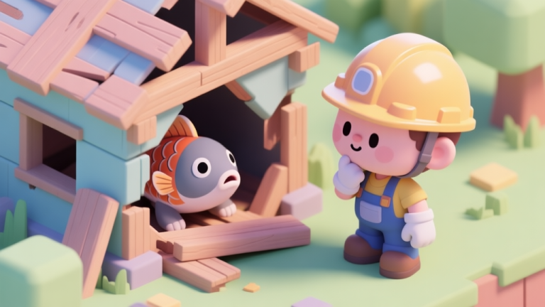 自动生成图片: A cute, stylized carpenter character in a helmet looking thoughtfully at a collapsed wooden structure with a trapped animal inside, soft pastel colors, isometric game view high quality illustration, detailed, 16:9