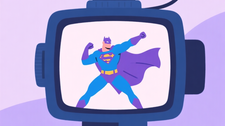 自动生成图片: A stylized, minimalist illustration of a game camera viewfinder focusing on a superhero character striking a pose, with soft pastel purple and blue color scheme, flat design style high quality illustration, detailed, 16:9
