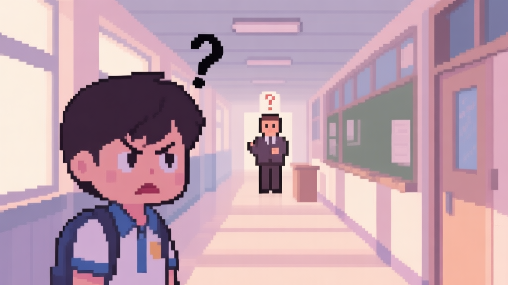 A frustrated student character in a pixel art school hallway, looking at a distant teacher sprite with a question mark above their head, soft pastel colors, muted lighting high quality illustration, detailed, 16:9