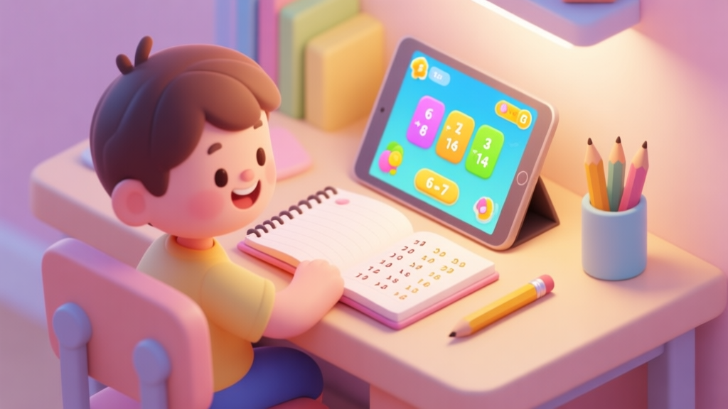 A cheerful, isometric illustration of a child's desk with a tablet showing a colorful math game interface, open notebook with multiplication tables, and pencils, soft pastel color palette, warm lighting high quality illustration, detailed, 16:9