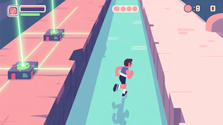自动生成图片: A stylized side-scrolling game scene showing a runner character hesitating between two paths, one with obvious laser traps and another seemingly clear, soft pastel colors, minimalist game art style high quality illustration, detailed, 16:9