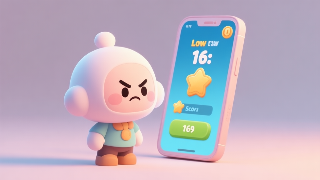 Cute cartoon character from a mobile game looking frustrated at a low score on a phone screen, pastel color palette, soft shadows, simple background high quality illustration, detailed, 16:9