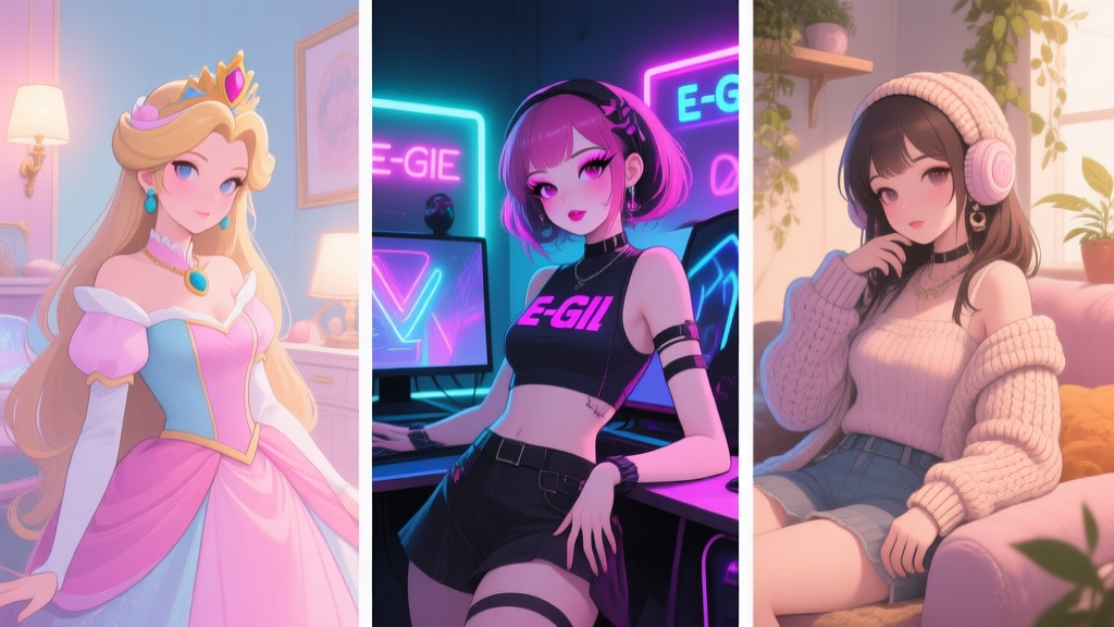 A split-screen illustration showing three distinct female gaming personas in their respective setups. On the left, a Princess aesthetic with elegant decor, soft lighting, and pastel colors. In the middle, an E-Girl with neon RGB lights, bold makeup, and a rebellious posture. On the right, a Softgirl with cozy, natural elements, knitted accessories, and a warm, gentle atmosphere. high quality illustration, detailed, 16:9