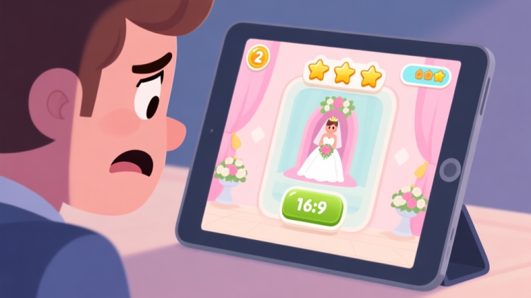自动生成图片: A frustrated player looking at a tablet screen showing a wedding decoration game with a 2-star rating, soft pastel color palette, cartoon style with subtle shadows high quality illustration, detailed, 16:9